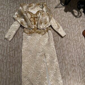 Rose Taft, Champage, with Gold Threads Evening Gown